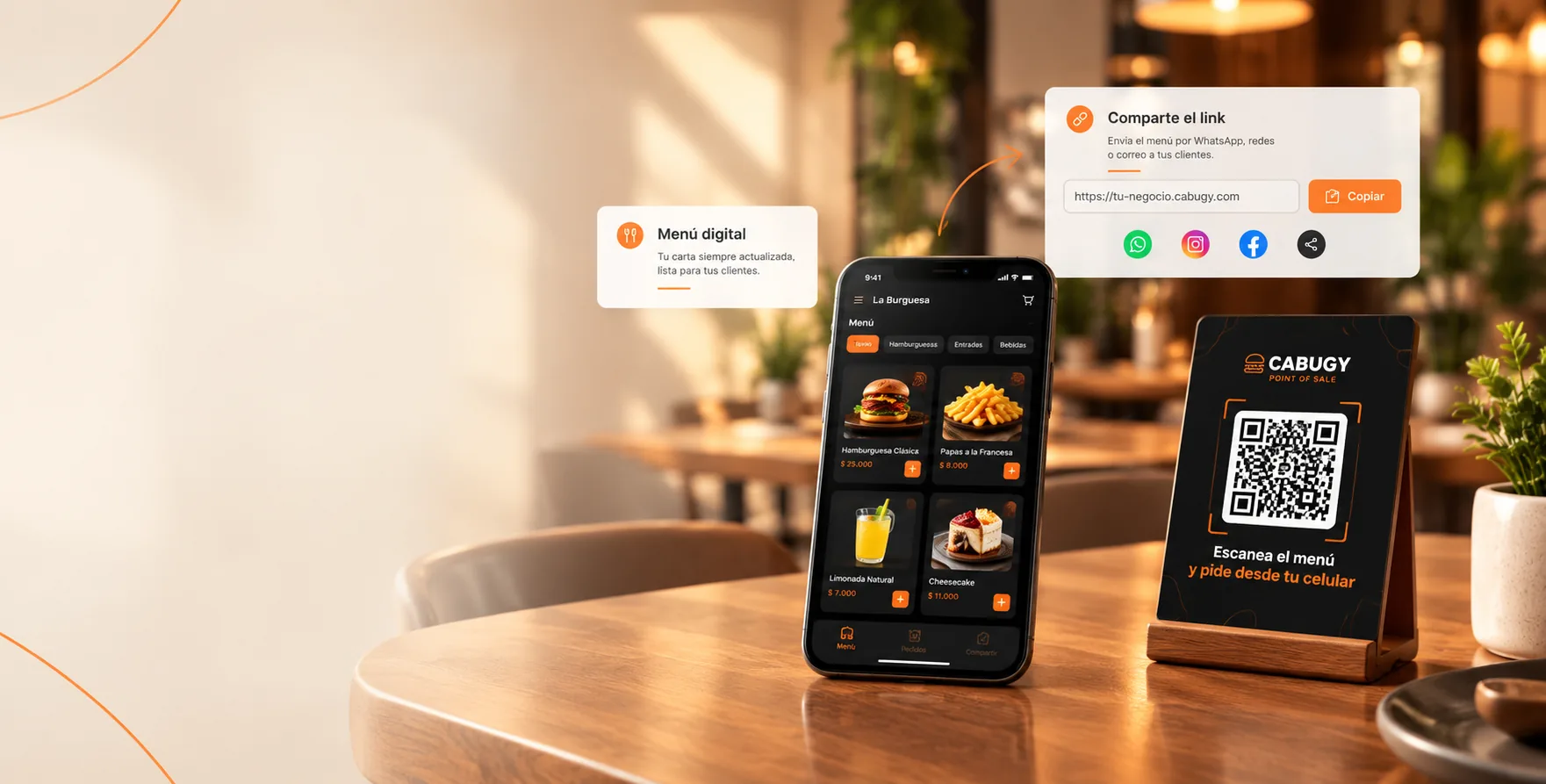 Menú digital CABUGY en un celular, con enlace para compartir y código QR en la mesa